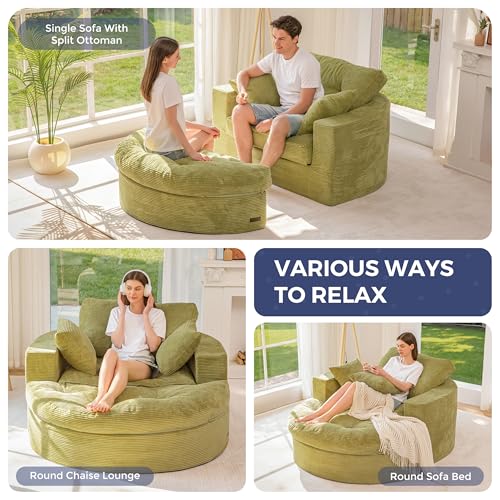 Image of MAXYOYO L Shape Sectional Sofa Couch and Round Chaise Lounge, Modern Cloud Couch with Ottoman, Comfy Sofa with Layered Cushion, Tufted Upholstered Sleeper Chair for Living Room, No Assembly Required