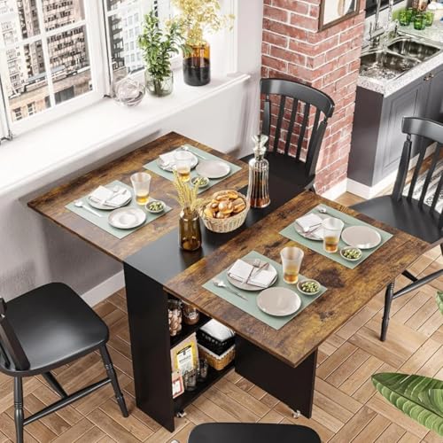 Image of TEKAVO Peyton Foldable Dining Table for Home 4 Seater | Space Saving, Movable with Wheels | 130cm x 80cm x 80cm | Brown & Black | DIY