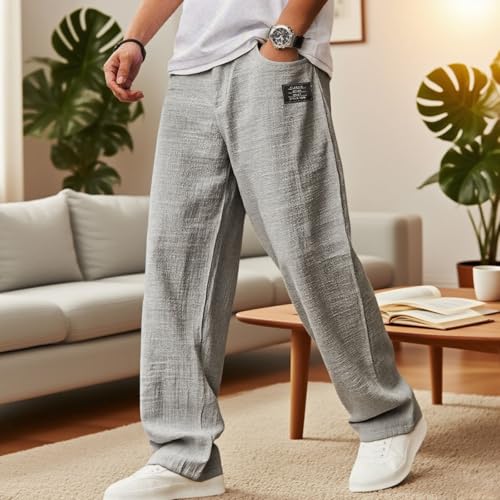 Cocoparo Mens Pants, Cocoparo Mens Casual Hemp Fabric Pants, Drawstring Loose Elastic Waist Pocket Trousers4
