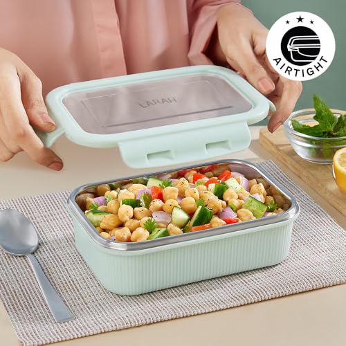 Image of Larah by BOROSIL Freshbyte Food Storage Container with Airtight Stainless Steel Lid | Fridge Container for Lunchbox | Food Grade | Microwave Safe (Green, 600 ml, Rectangular)