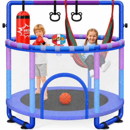 Yohood 55 inch 6-in-1 Kids Trampoline with enclosure net and adjustable gymnastics bar