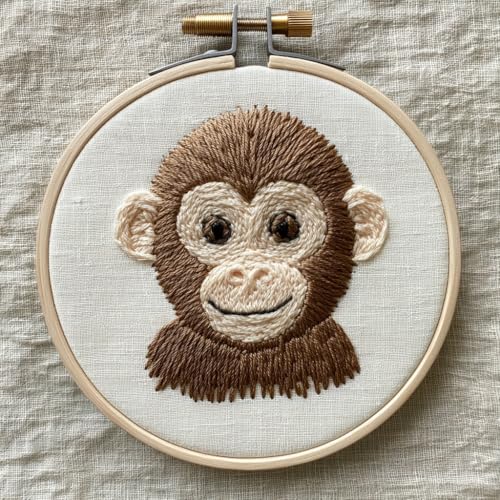 DIY Punch Needle Kits for Beginners Monkey with Hoop Embroidery Punch Needle Starter Set Easy for Adults and Kids Festival Gift and Decor 20x20cm