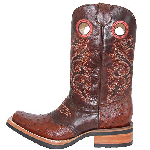 Western Shops Mens Genuine Cowhide Leather Square Toe Ostrich Quill Print Western Cowboy Boots4