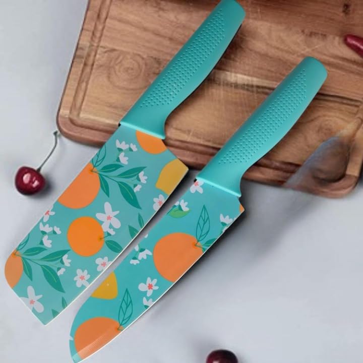 Japanese Knife & santoku Knife Set, Sharp Stainless Steel Chef Knife Set, Food Grade Non-Stick Coating Blue Knife Set, Best Use for Chopping, Vegetable Cutting & Chopping, (M-B+C)