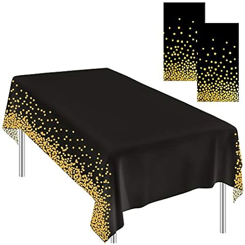 Ruisita 2 Pieces Dot Tablecloths 54 x 108 Inches Black Gold Tablecloths Dot Confetti Table Cloths Table Covers Rectangular for Indoor or Outdoor Baby Shower Halloween Christmas Birthday Decorations Cover
