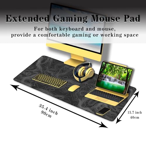 Image of Saco XXL Gaming Mouse Pad for PC - Large Desk Mat 900x400x3mm, Extended Non-Slip Rubber Base, Waterproof Surface, Topographics Design, Big Keyboard Mouse Pad for Office & Home Setup