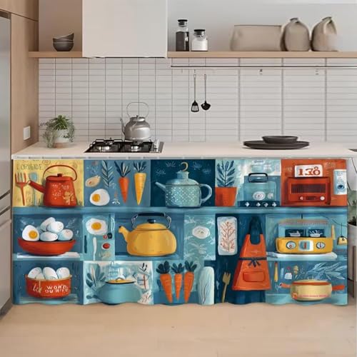 Image of Premium Printed Kitchen Sink Curtain with Rod Pocket | Under Sink Storage Cover | Washable Dustproof Cabinet Curtain for Kitchen Counter, Wash Basin (NEW Kettle, Pack of 2)