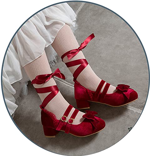 Women's Vintage Lolita Shoes Medium Heel Mary Jane Pumps with Ankle Ribbon Tie3