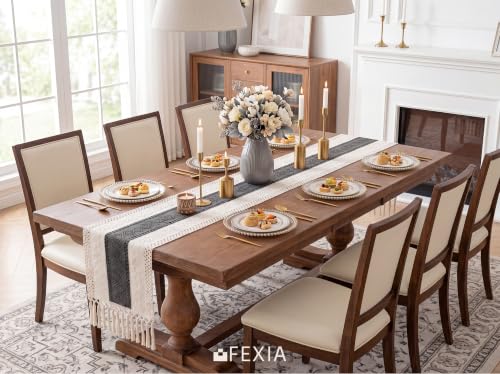 Image of FEXIA Boho Table Runner with Tassels for Home Decor 12x72 Inches Grey | 72 Inches Long Modern Farmhouse Rustic Burlap Table Decoration for Bedroom Living Dining Room Baby Shower Autumn Decor