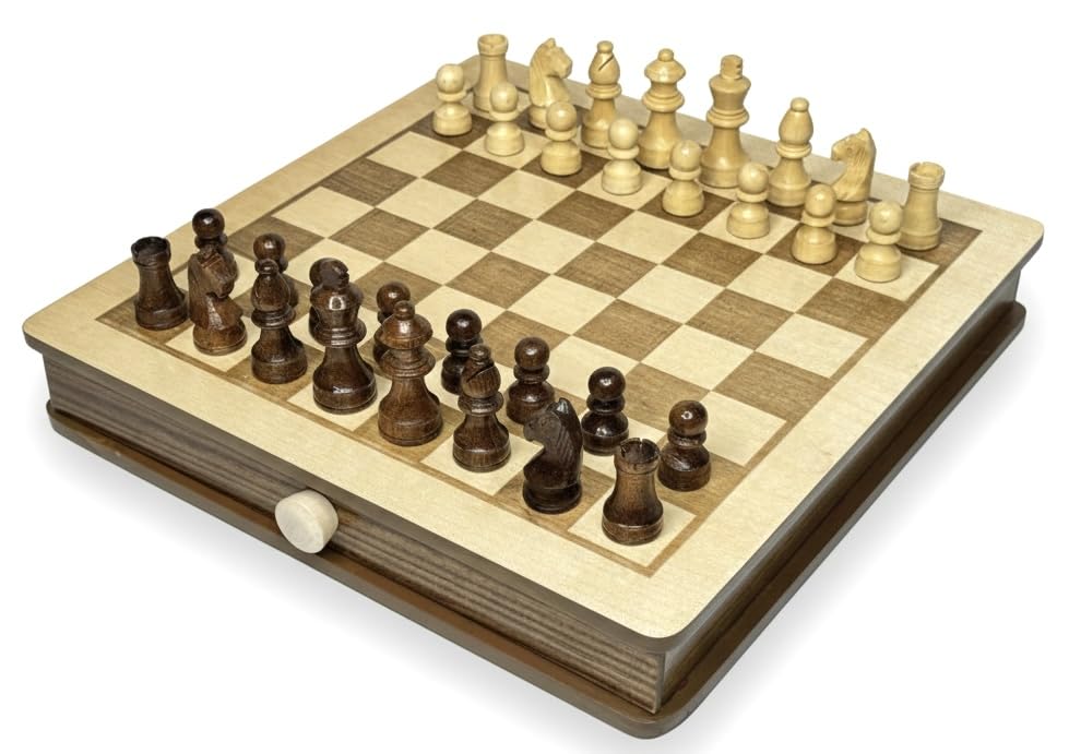 Image of PALM ROYAL HANDICRAFTS 11.5 x 11.5 inches - Engraved Series - Non- Magnetic - Wooden Chess Board Set with Storage Drawers Made with Teak & Maple Veneer Wood.
