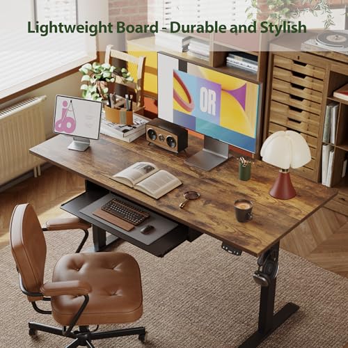 Image of Agilestic Height Adjustable Desk with Keyboard Tray, 55 x 24 Inches Electric Standing Desk with Memory Preset, Stand up Computer Table, Lightweight Board, Dark Brown
