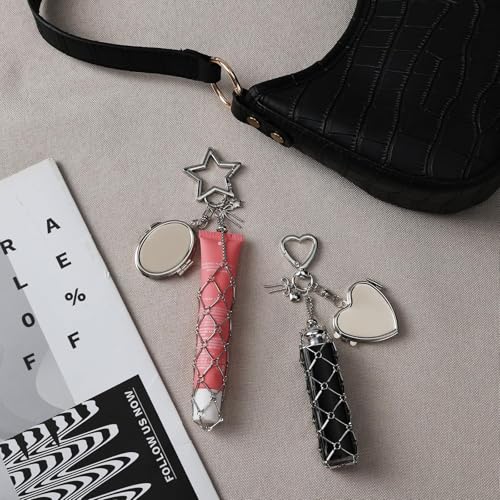 Image of Tarini Lipstick Holder Keychain with Mirror, Metal Mesh Bag Lip Balm Holder Keychain with Chain, Portable Lip Gloss Storage Organizer for Women Girls, Cute Makeup Pouch Bag Charm for Purse Backpack