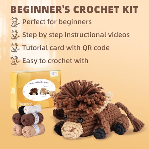 Image of MOREJMTT Crochet kit for Beginners Adults, Learn to Crochet, Include Easy Knitting Soft Yarn, Step-by-Step Video Tutorial, Hook, Holiday Birthday Gift for Adults (Highland Cattle)
