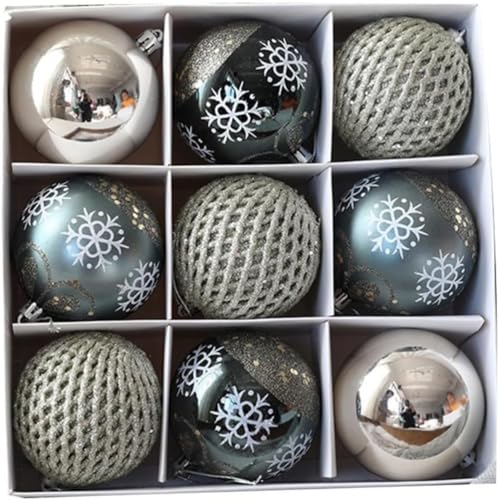 9pcs 8cm Shatterproof Balls for Xmas Trees, Wreath, Garland - Balls, Stars, Snowflakes, Icicles Decor, Christmas Balls, Set with Hanging Decorations (Grey)