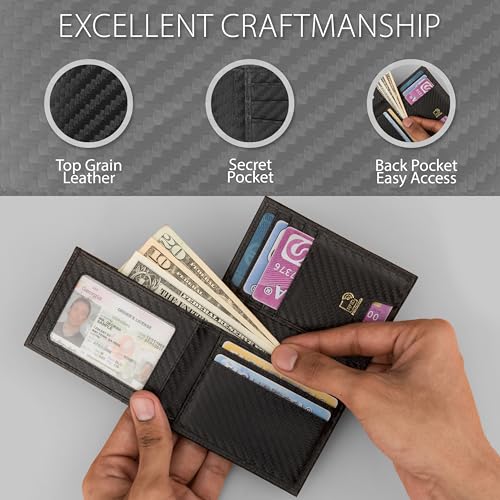 Image of Premium RFID Blocking Wallet for Men Genuine Leather Slim Carbon Texture Bifold with 12 Card Slots Clear ID Window Cash Compartment Secure Everyday Carry Accessory