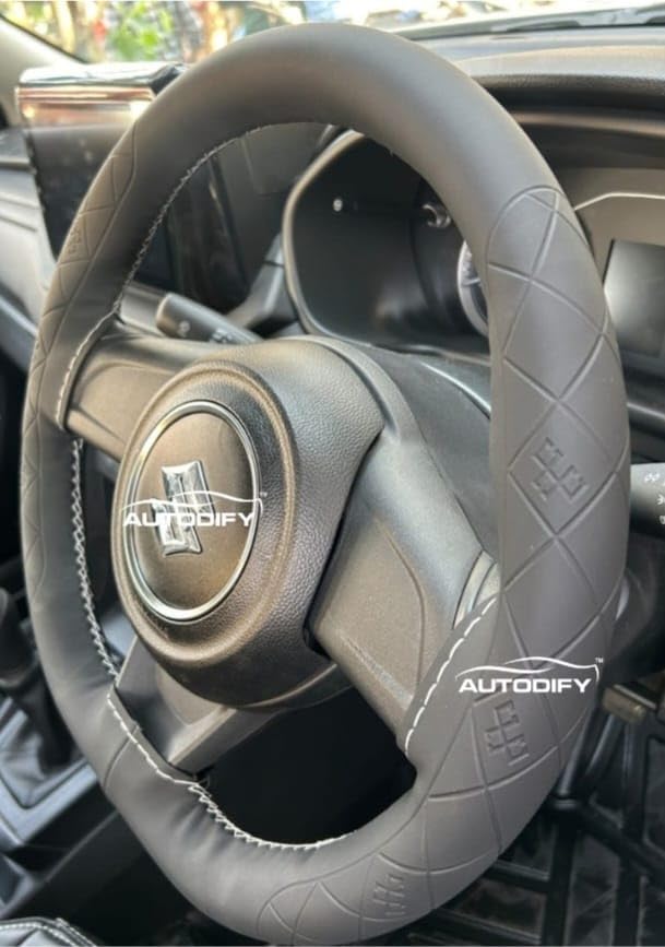 Image of Black with White Stitch Leather Steering Wheel Cover Universal Fit Anti Slip Breathable Comfortable Grip Durable & Stylish for Cars Easy Install Long Lasting ProtectionNon SlipDesign.