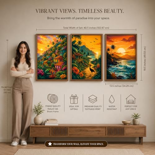Image of Livin'luxe Set of 3 Tropical Sunset Landscape Wall Paintings for Living Room Dining Bedroom Home Decor with Premium Wooden Color Synthetic Frame (13.5 x 19.5 Inch) NM03-75