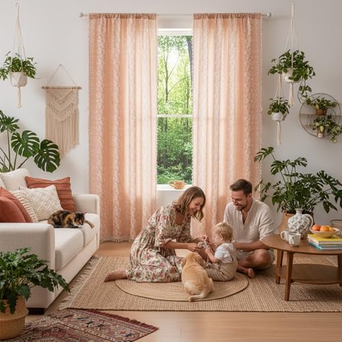 Image of Boho Curtains 84 Inch Long for Living Room, Bedroom, 2 Panels Floral Farmhouse Vintage Tassel Semi Sheer Light Filtering Privacy Window Curtain Drapes with Rod Pocket,Pink