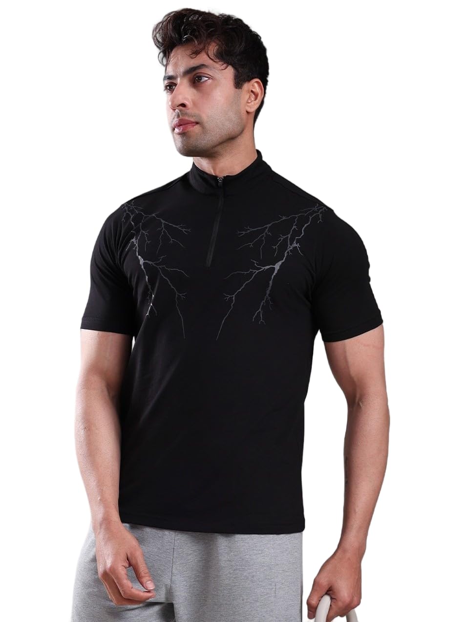 GROW Stylish Gym T Shirts for Men Workout | Cotton and Spandex Quarter Zip Back Printed Collar T Shirts for Men Half Sleeves-image-7