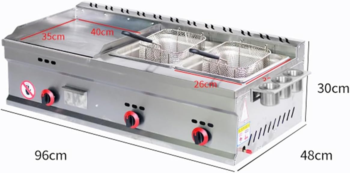 Commercial Countertop Griddle, Gas Deep Fryer, Restaurant Stainless Steel Teppanyaki with Adjustable Temperature, Kitchen LPG Gas Grill for Outdoor Camping Party