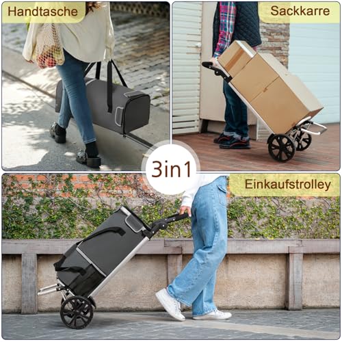 AMHANCIBLE Einkaufstrolley, Einkaufswagen mit Kühlfach, 50 Liter, 3in1klappbar Trolley, Einkaufstasche mit Rollen, Handwagen, Tasche abnehmbar, Grau EHSC01GY – Bild 6