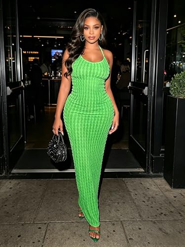 Image of RARITYUS Women's Lace Up Bodycon Maxi Dress Sexy Low Cut Backless Sleeveless Textured Long Party Club Dresses