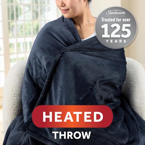 Image of Sunbeam Royal Mink Sherpa Admiral Blue Heated Personal Throw / Blanket, Cozy-Warm, Adjustable Heat Settings
