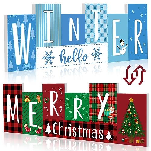 Purpeak Hello Winter Wooden Sign Double Side Snowflake Snowman Table Centerpieces...