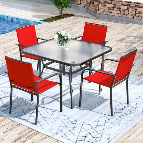 Image of Anmutig 5-Piece Outdoor Patio Dining Set 37-Inch Square Glass Table with 4 Stackable Chairs for Lawn Backyard and Deck, Red