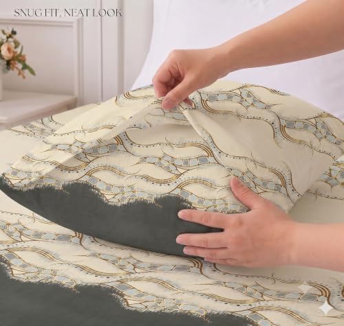 Image of IVAZA Ezyption Cotton Super Soft 240 TC Elastic Fitted All Around Elastic Printed King Size Double Bed Bedsheet with 2 Pillow Cover 72 inch X 78 inch3 Beige Black