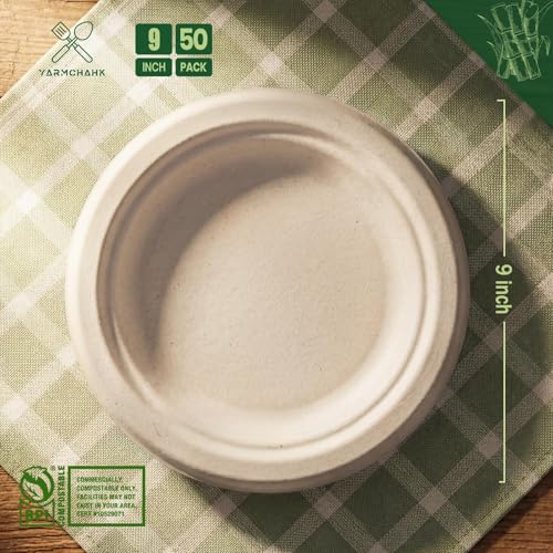 Image of 9 Inch Disposable Paper Plates 50 Pack, Heavy Duty Bagasse Plate