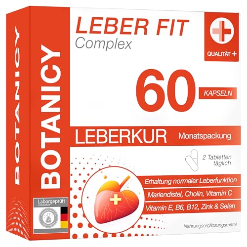 BOTANICY Leber Fit Complex - 60 Mariendistel Kapseln - Unterstützt Leber Funktion - 200mg Silymarin aus Mariendistel - Plus Cholin, Zink, Mangan, Selen und 4 Vitamine - Laborgeprüft in Deutschland