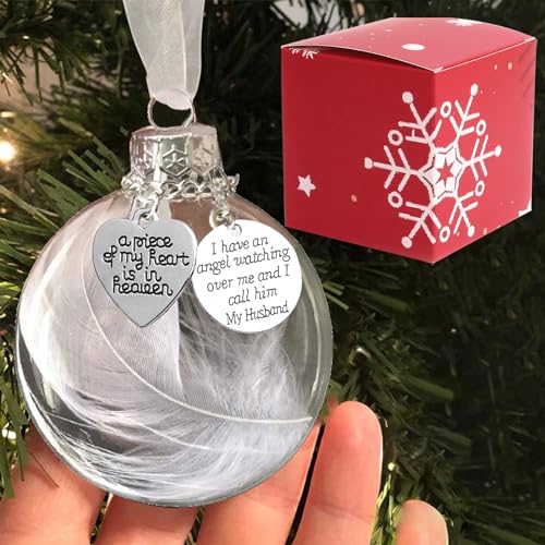 Clear Christmas Memorial Ornament Feather Ball, A Piece of My Heart is in Heaven Loss of Loved One Husband Christmas Tree Hanging Sympathy Gift with Silk Ribbon & Red Gift Box