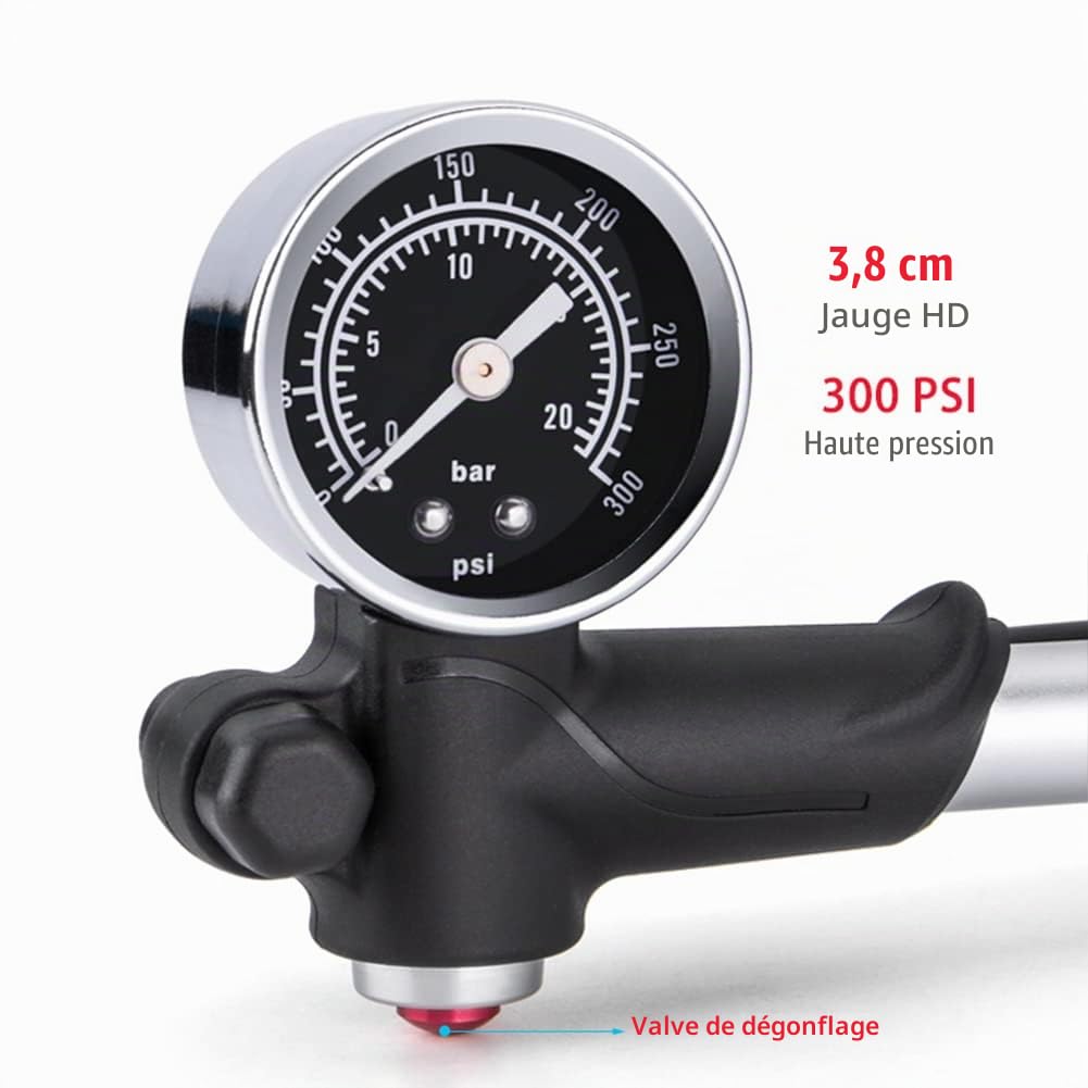 GEWAGE Pompe à Choc Haute Pression (Max 300 PSI), Pompe à Fourche/Pneu 2 en 1 pour VTT, Fourche de vélo de Route et Suspension arrière, Mini Pompe Portable avec Bouton de Purge.