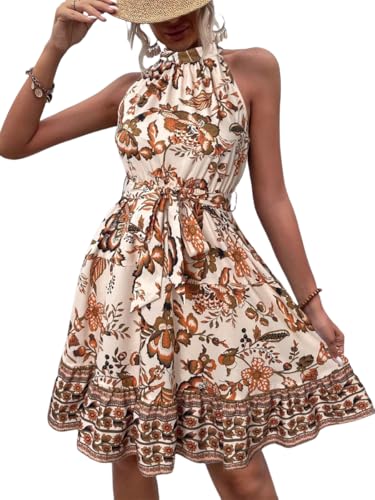 Senlycat Damen Kleid Neckholder Lässig Sommerkleid Blumendruck Hohe Taille Kleider Retro Sexy Casual Beach Minikleid Strandkleid Gelb S