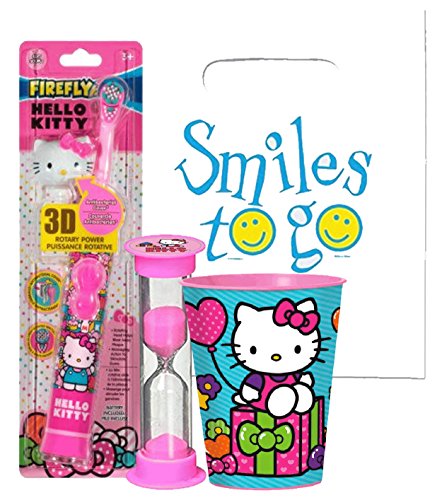 Hello Kitty 3pc Bright Smile Oral Hygiene Bundle! 3D Spin Toothbrush, Brushing Timer & Mouthwash Rinse Cup! Plus Dental Gift Bag & Tooth Saver Necklace!