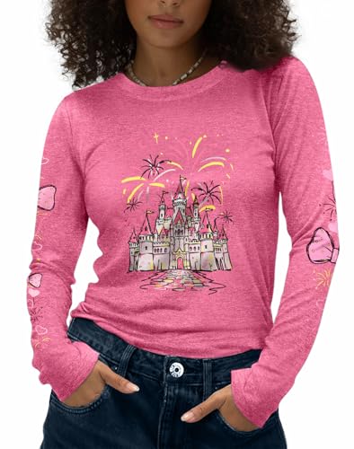 Flafens Long Sleeve Shirt for Women - Soft Crewneck Casual Graphic Fashion Clothes Tshirts Cute Cool Cotton Fall Trendy Workout Outfits Vacation Tops Bow Castle Medium