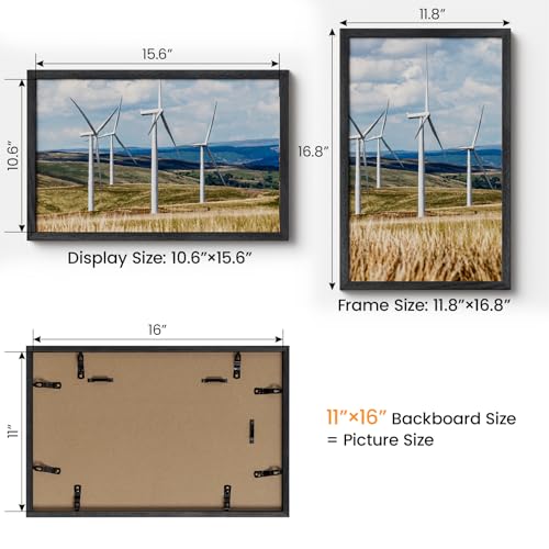 Image of 11x16 Picture Frame,Solid Oak Wood 11 inchx16 inch Photo Frame, Black Color Tempered Real Glass 11 by 16 Wooden Frames with No Mat,16x11 Picture Frames for Wall or Tabletop Display