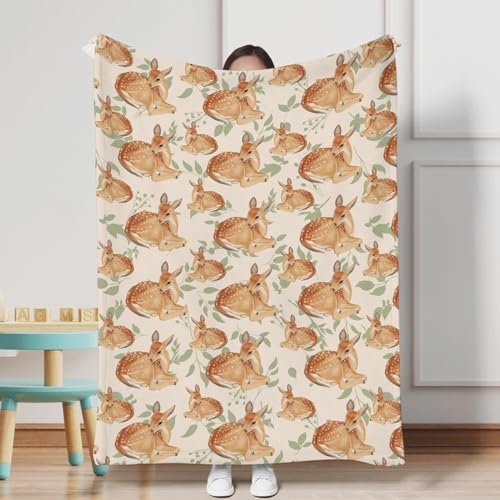 Image of Cute Deer Green Leaves Baby Blanket for Boys Girls Baby Animal Flannel Soft Swaddle Blanket Receiving Blankets for Newborn Nursery Toddler Bed Blanket Stroller Crib Daycare Playmat 50x60