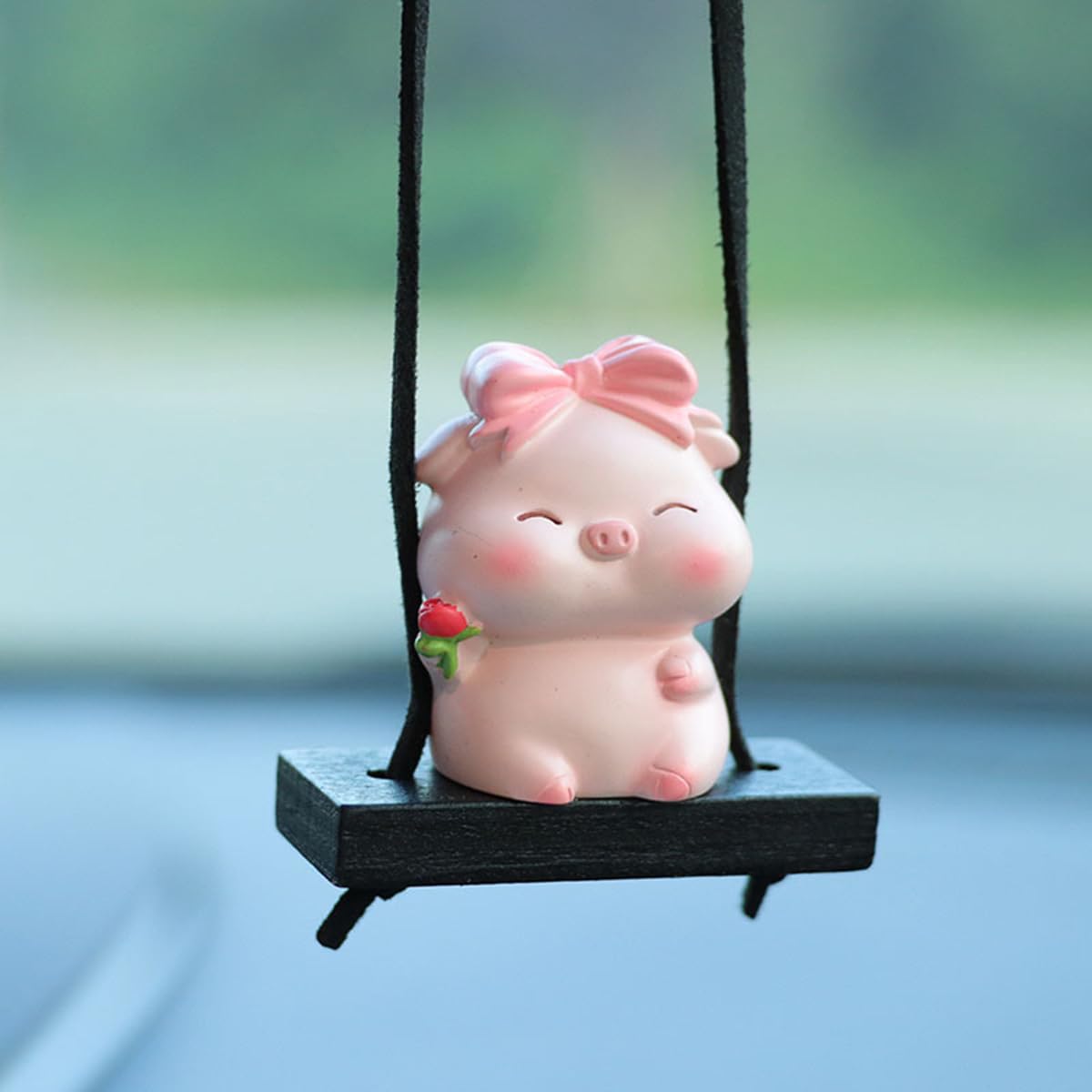 YOYLMAL Cute Swing Pig Car Hanging Ornament, Lucky Piggy Car Rear View Mirror Pendant Charms, Auto Interior Decoration Accessories (Bowknot Pig)