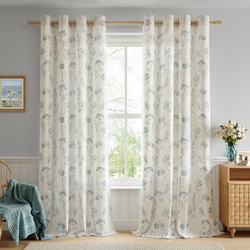 Image of FMFUNCTEX Linen Curtains Floral Patterned Curtains for Bedroom Living Room, Blue Curtain 96 Inches Long Farmhouse, Light Filtering Beige Window Curtain Grommet Top 2 Panels Set