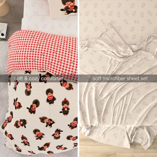 Image of Franco Monchhichi Bedding 7 Piece Queen Bed Set, Soft Cozy Nostalgia Reversible Comforter and Sheet Set with Sham, Officially Licensed Product
