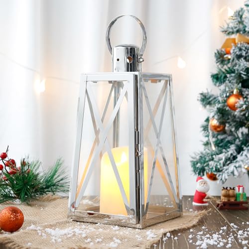 TRIROCKS Edelstahl Dekorative Laterne 30 cm hoher Metall Kerzenhalter mit klaren Glasscheiben Perfekt für Wohnkultur Wohnzimmer Partys Events Tischplatte drinnen draußen (Silber)
