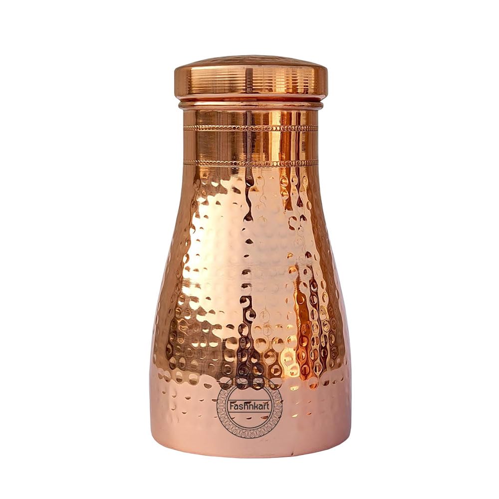 Fashnkart Bedroom Hammered Plain Copper Water Bottle With Inbuilt Glass Traveller's 100% Pure Copper Water Bottle Ayurveda Health Benefits 1000 Ml