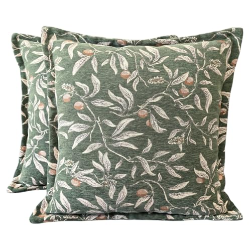 Wavedolphin Housse de Coussin 45x45,Lot de 2,Coussin Decoratif Motif Cerises en Jacquard,Vert Foncé