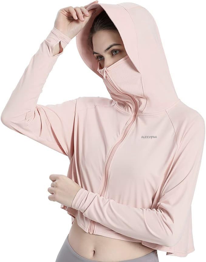 Image of Alexvyan Size-L Pink Women's UV Protection Jacket, Light weight Summer Sun Screen Hoodie with Visor, UPF 50+ Protection for Outdoors, Short Full Zipper Sun Protection Jacket- FIT 50-65 KG