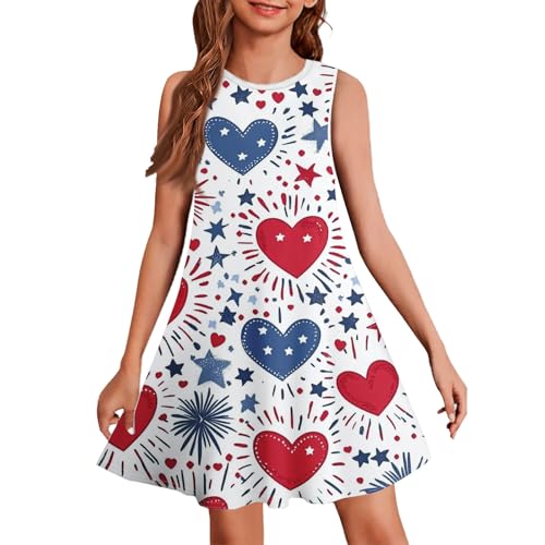 Girls’ 4th of July Dress, Sleeveless Stars and Stripes Patriotic A-Line Sundress for Independence Day 4-14 Years