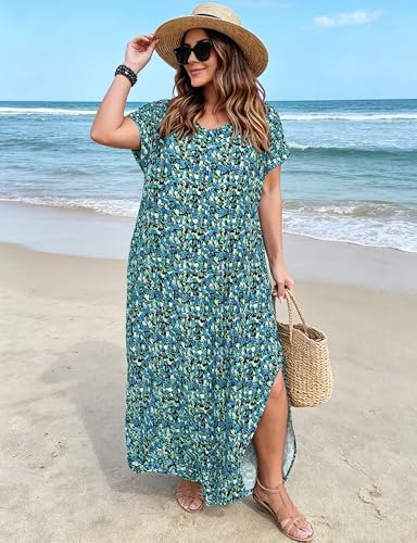 Image of Kancystore Women's Plus Size Dresses Summer Casual Loose Pocket Short Sleeve Slits Long Maxi Dress XL-5X