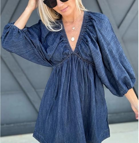 Image of utcoco Denim Dress Women Puff 3 /4 Sleeves V Neck Swing A Line Cute Babydoll Mini Jean Dresses for Women 2025 (Large, Dark Blue)