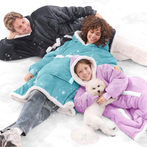 JOYWOO Turquoise Teal Wearable Blanket Hoodie, Oversized Cat Lovers Sweatshirt Blanket for Adult & Teens, Birthday Gifts for Women Men Mom Girl Boys,Cozy Sherpa Fuzzy Blanket Giant Pocket Gifts,Small